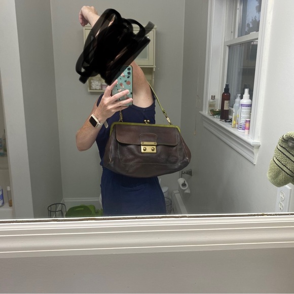 Miu Miu green/brown leather and suede kiss lock frame vintage purse clutch - Picture 14 of 15